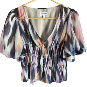 Hostess Pick 🥳 Steve Madden Pink and Blue Smocked Blouse Flutter Sleeves